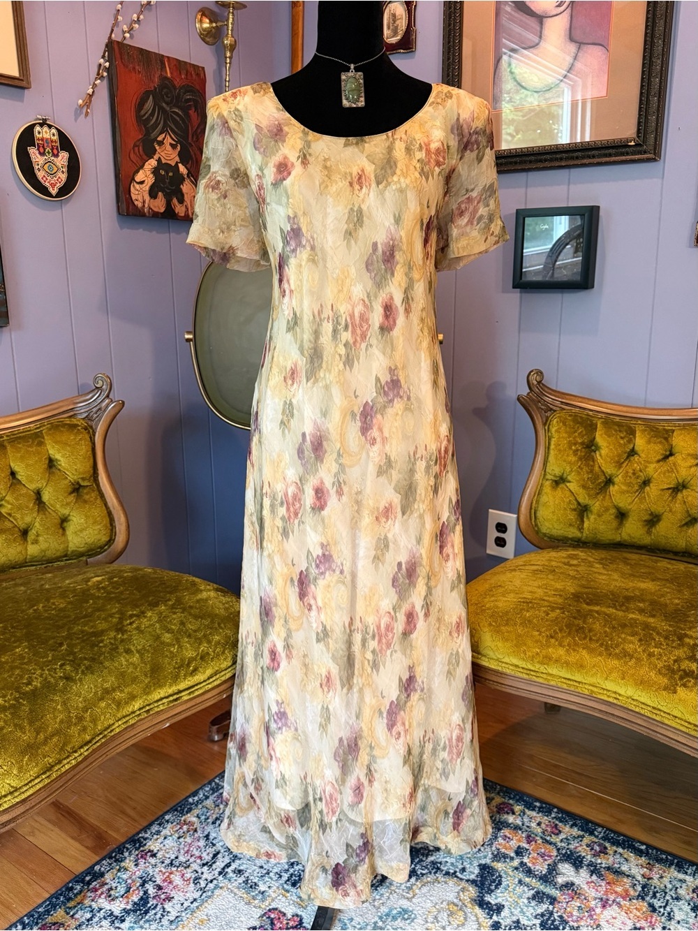 Vintage 90s De Frantoria Floral Chriffon Fairycore Cottagecore Maxi Dress L/XL